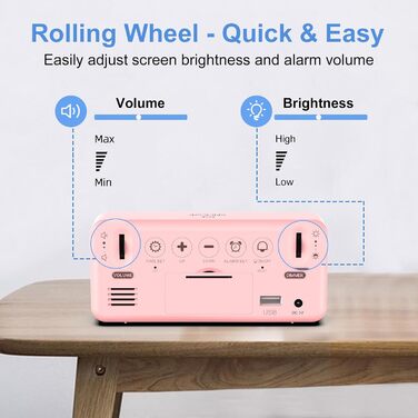 LED-годинник LATEC з двома будильниками, USB-порт для зарядки, регулювання яскравості, гучність 90-120 дБ, 8 мелодій, 12/24 год, мережевий (рожевий)