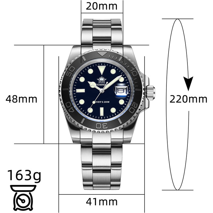 Годинник чоловічий ADDIESDIVE з кварцовим механізмом, аналоговий, водостійкий 20bar, з нержавіючої сталі, великий, зі світловідбиваючим покриттям (морський блакитний)