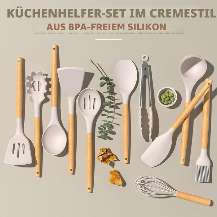 Набір кухонного приладдя Umite Chef (33 предмети), антипригарне силіконове покриття, дерев'яна ручка, хакі