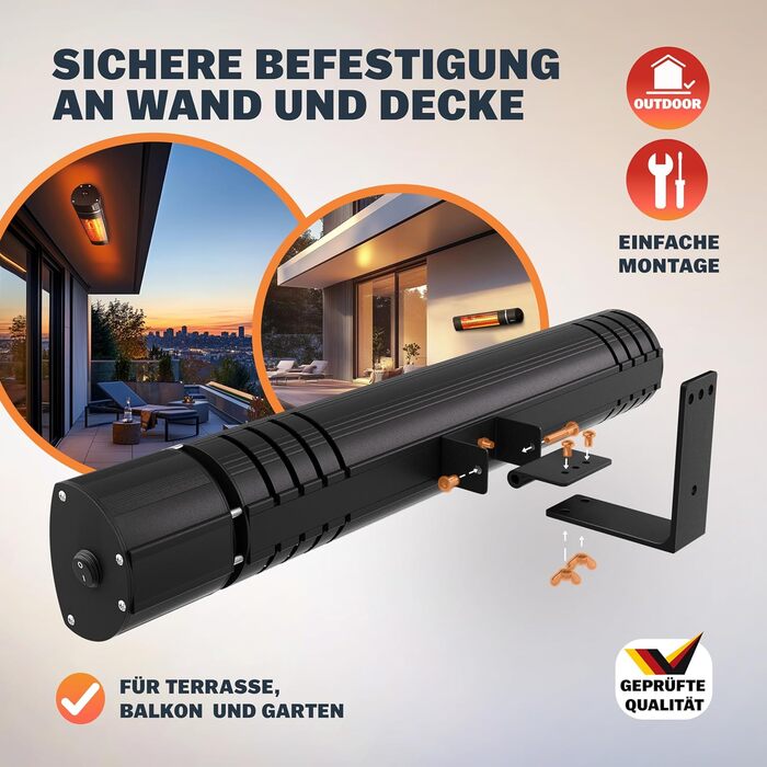 Інфрачервовий обігрівач MONZANA® MZH2000 з золотою трубкою, 3 режими, пульт дистанційного керування, кут нахилу 90°, для вулиці, тераси, 2000W