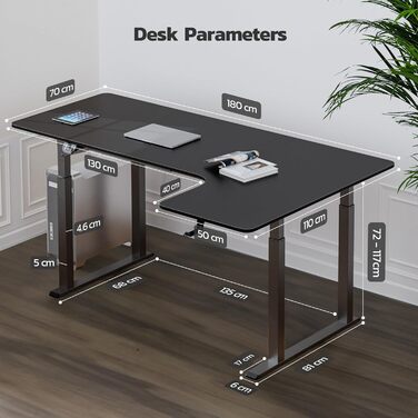 Electric Standing Desk L-Shape 180x110cm - Adjustable Height Desk with Dual Motor - Black Corner Desk with Spliced Board