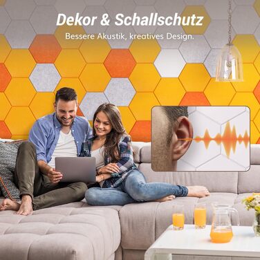 Акустичні гексагональні панелі TONOR самоклеючі, шумопоглинаючі стінові плитки для студії та декору, 30x26x1 см, білий колір, 18 шт.