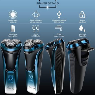 Електричний чоловічий голчастий бритва з 3 змінними насадками, для сухого та вологого гоління, з висувним тримером, LED дисплеєм, 99 хв роботи, у кейсі