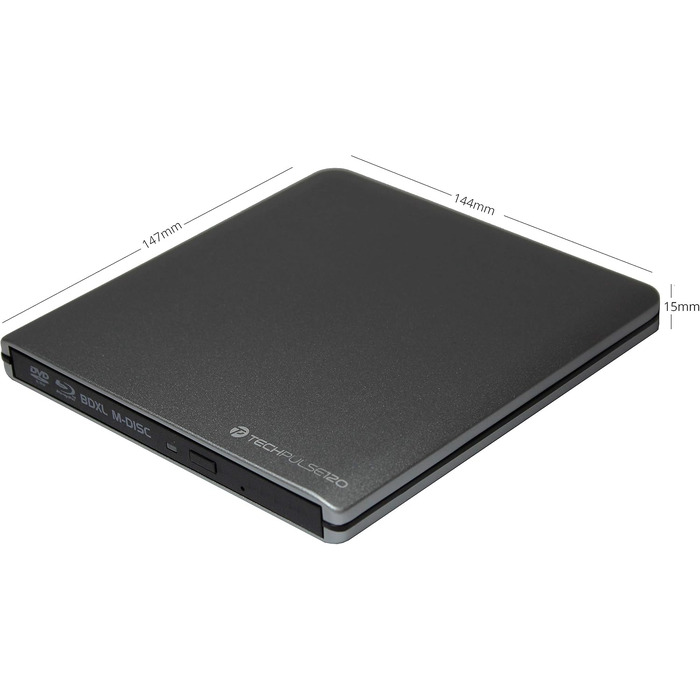 Зовнішній Blu-ray привід techPulse120 USB 3.0 Type-C: запис 3D M-Disc BDXL 100GB, BD, DVD, CD, Slim Superdrive для ноутбуків та ПК (Windows, MacOS, MacBook), алюміній, сірий