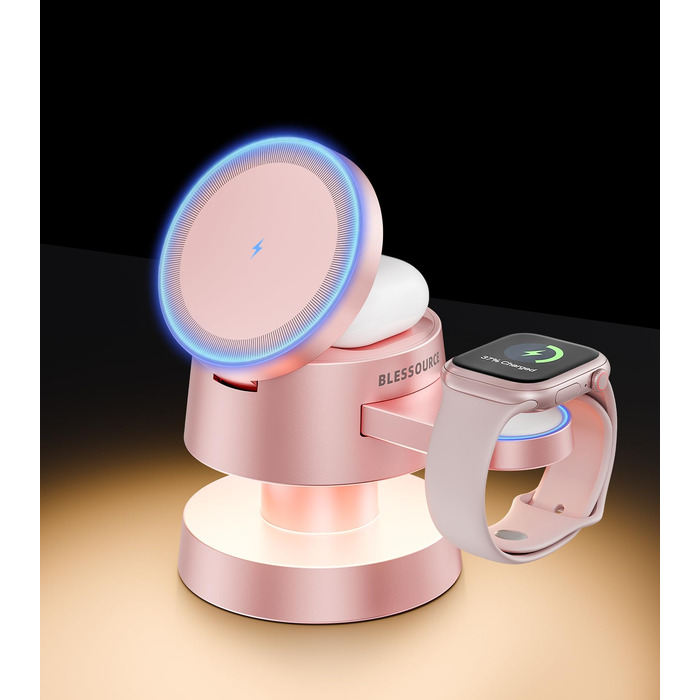 Бездротова зарядка 4-в-1 для iPhone 17/16/15/14 Pro Max з нічним світлом, сумісна з Apple Watch та AirPods, рожева