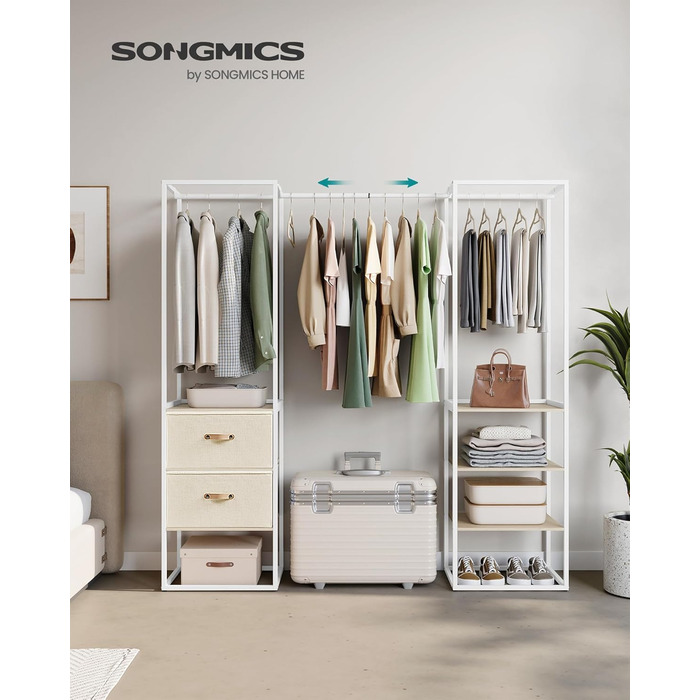 SONGMICS Clothes Rack, Open Wardrobe, High-Load-Capacity Coat Rack, 1 Extendable Rod, 2 Drawers, 4 Shelves, for Bedroom, Space-Saving, Natural Beige RGR003W67