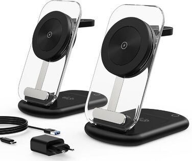 Зарядний пристрій MagSafe 3-в-1 для iPhone 17/16/15/14/13/12 Pro Max/Air/Plus/Pro та Apple Watch 10/9, AirPods 3/2/Pro (Чорний, 2 шт.)