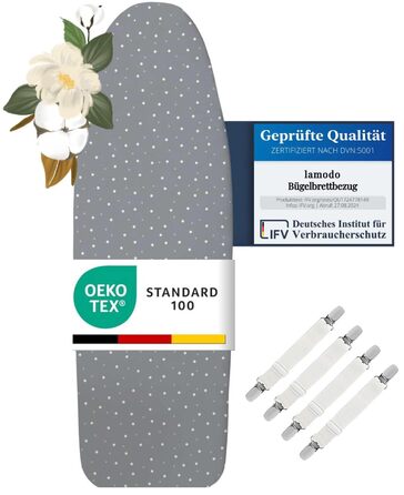 Чохол для прасувальної дошки 120x40 см - бавовна 100%, підходить для парової праски, товста підкладка, гумка та фіксатор, сірий/точки M