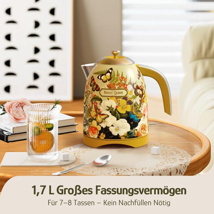 Електричний чайник Hazel Quinn Schneller 1.7л, 2200W, нержавіюча сталь 304, швидкий кип'ятіння, автоматичне вимкнення, захист від сухого кип'ятіння, вінтажний дизайн, BPA-free, перловий білий (жовтий з квітковим візерунком)