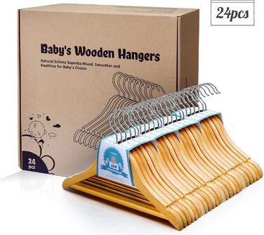 Дерев'яні вішалки для дитячого одягу Homewit - 24 шт. з перекладиною, з заглибленнями, 360° обертання, для малюків та дітей - 30 см