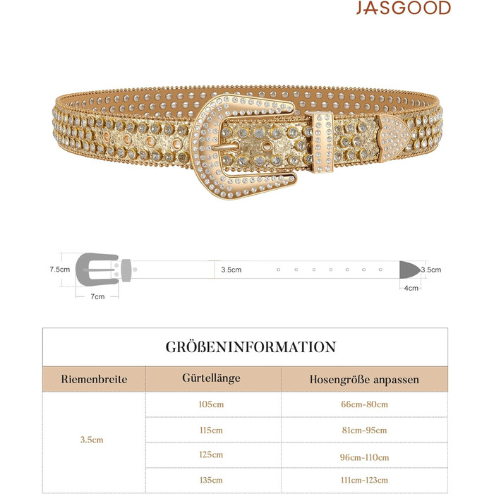 Жіночий шкіряний ремінь JasGood з камінням, в стилі вестерн, ковбойський, з заклепками, для джинсів та штанів (Золотий, 115 см, підходить для розміру 81-95 см)