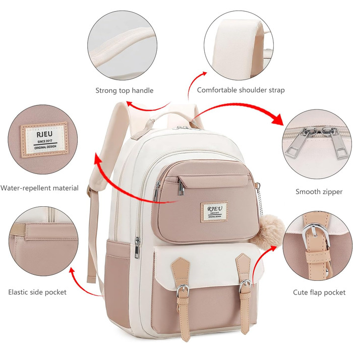 Шкільний рюкзак для дівчаток з відділенням для ноутбука 15.6 дюймів, бежевий, для старшої школи та коледжу
