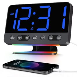 Цифровий будильник з LED-дисплеєм та RGB-підсвіткою, потужний сигнал 30-110 дБ для міцного сну, USB-порт, функція Snooze, настільний годинник (Синій)