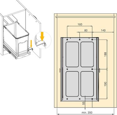 Відро для сміття Emuca кухонне з підскладною фіксацією, 2 висувні контейнери по 20 л, загальний об'єм 40 л (2 x 20 л), сталь та пластик, сірий колір.