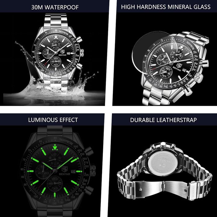 Чоловічий годинник BENYAR з хронографом, кварцовий, водостійкий 30M, з датою, для активного відпочинку, спортивний, шкіряний (чорний)