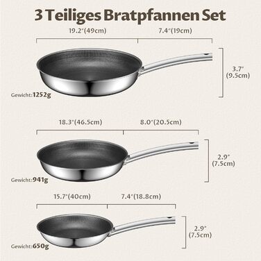 Сковорода BLAZANT індукційна 20/24/28 см, тришарова нержавіюча сталь, антипригарне покриття, набір, керамічна, з нержавіючою ручкою, без PFAS PFOA/PTFE, для духовки, підходить для індукційних плит