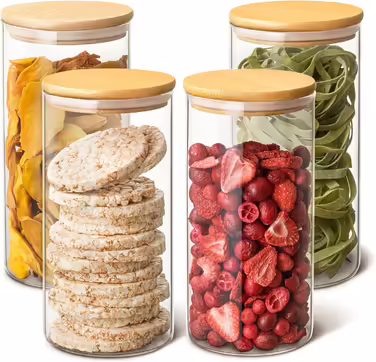 Airtight Storage Jars with Lids - 4-Piece Storage Containers - Borosilicate Glass with Bamboo Lid & 8 Seals - 1.2 L - Storage Jars