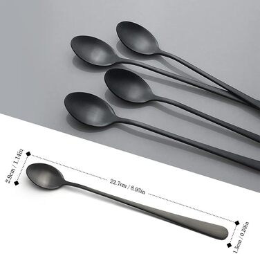 Набір ложок для лате AOOSY, 8 шт., 22.7 см, нержавіюча сталь. Ложки для кави, коктейлів, десертів та морозива. Сріблясті та чорні ложки.