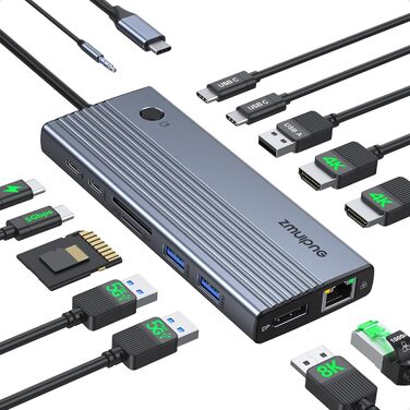 Док-станція USB-C для ноутбука: 2 монітори 4K HDMI, DP, Ethernet, 4 USB, 100W PD, SD/TF, Audio/Mic (15 в 1)