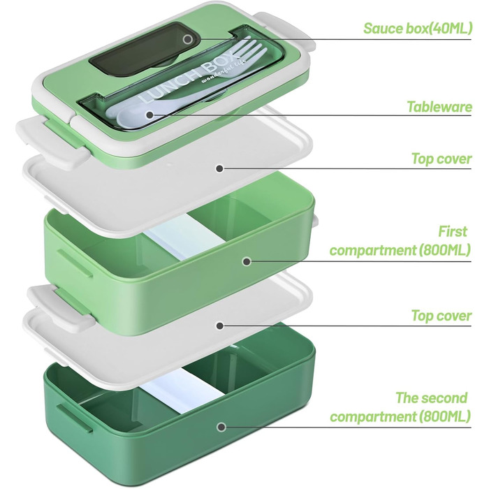 Anykuu Lunchbox 1600ML Lunchbox with 2-4 Flexible Compartments Bento Box with Spoon, Fork & Spice Box Lunchbox for Kids for Microwave, Dishwasher Lunchbox Kids for School, Work, Picnic, Green
