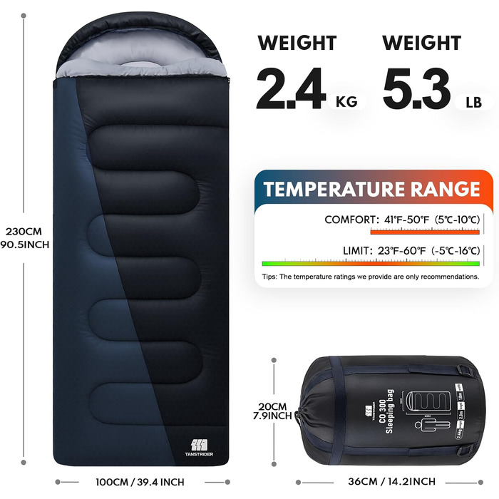 Зимовий спальний мішок 0°C XXL для дорослих, теплий кемпінговий спальник з компресійним мішком для походів, мисливства та подорожей, синій (2.4 кг)