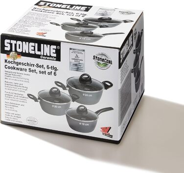 STONELINE Ceramic Cookware Set, 6-Piece, 18/20/24cm Pots with Lids. PFAS-Free, Non-Stick Pot. Suitable for Induction and All Cooktops with Ceramic Coating and Real Stone Particles. Cookware Set, Grey, 6-Piece