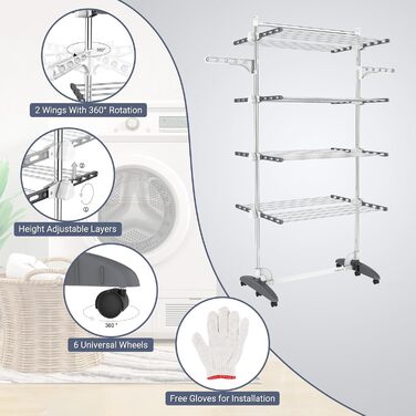 Турбо сушарка для білизни Todeco з нержавіючої сталі, 4 яруси, мобільна, сіра