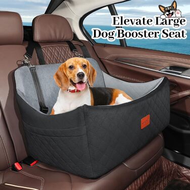 Wooaidagg Dog Car Seat for Medium & Large Dogs - Washable Memory Foam Pet Car Bed with 2 Leashes (Black/Grey)