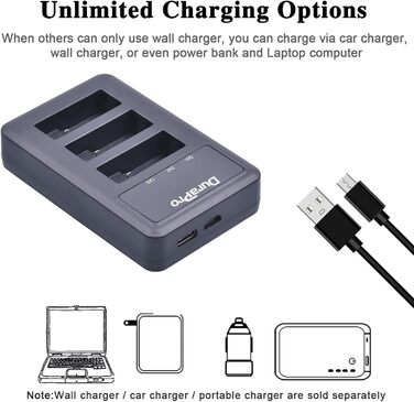 Акумулятор DuraPro 3 шт. 1600mAh для GoPro Hero 5/6/7 + Швидка зарядка LED 3 слоти USB Type-C