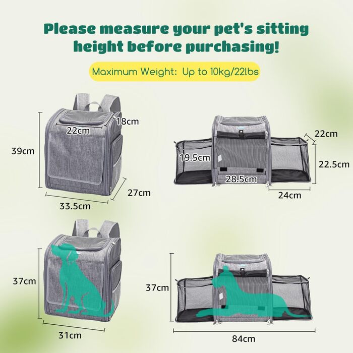 Розширюваний рюкзак для собак та котів Nobleza з сіткою, зручний та складаний, з внутрішньою безпечною лінійкою та килимком, сірий