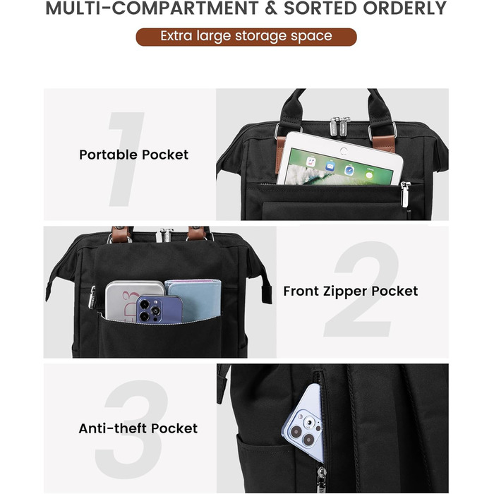 LOVEVOOK Рюкзак жіночий великий, водонепроникний, для подорожей, ручної поклажі, з відділенням для ноутбука 14 дюймів, чорно-коричневий