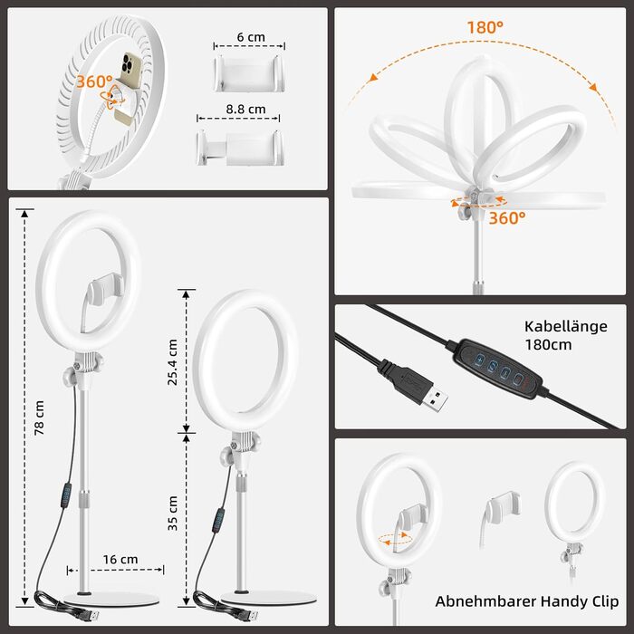 Кільцеве світло Evershop 10.5” з триподом для телефону, ноутбука, відеоконференцій, YouTube, TikTok, LED, 3 кольори + 10 рівнів яскравості, 360° обертання