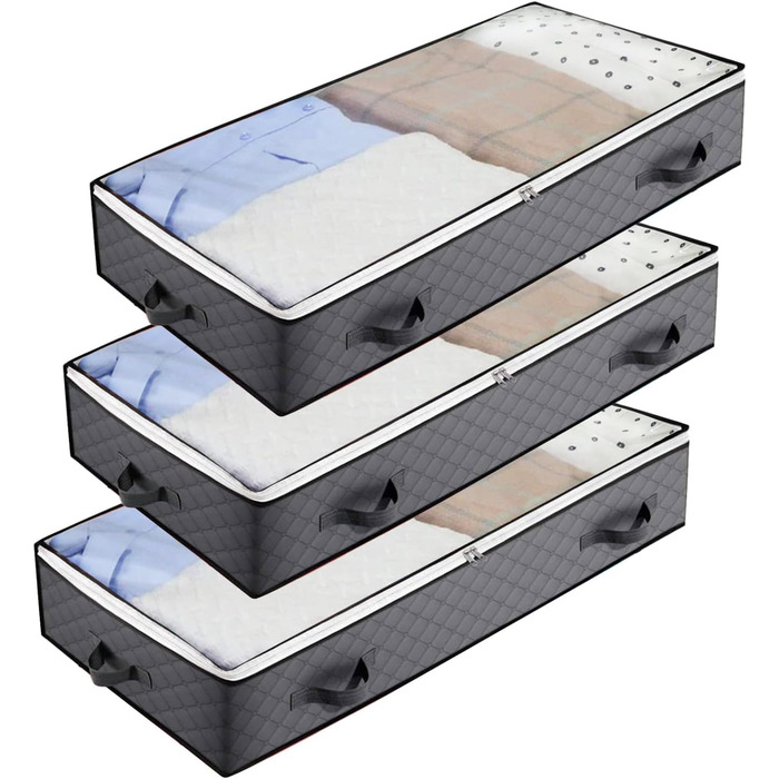 3 шт. Коробка для зберігання під ліжком - Комод під ліжко з прозорим вікном та блискавкою та ручками - Складна коробка для зберігання під ліжко для ковдр/одягу/покривал/ковдр (100x50x18 см, Темно-сірий)