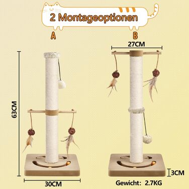 Котяча кігтеточка AUSCAT з іграшками, 63 см, бежева. Кігтеточка-стовп з натурального сизалю в сучасному дизайні