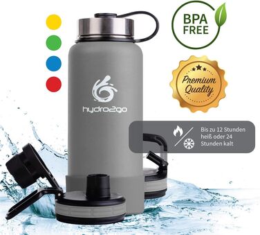 Термофляга Hydro2Go Edelstahl X-AlpsBottle 1000 мл, сіра, з 3 кришками, вакуумна ізоляція