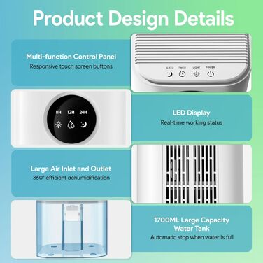 Електричний осушувач повітря для дому PKBOSS 1700ml - тихий, компактний, з нічним світлом та таймером для спальні, ванної кімнати, кухні. Захист від цвілі, білий