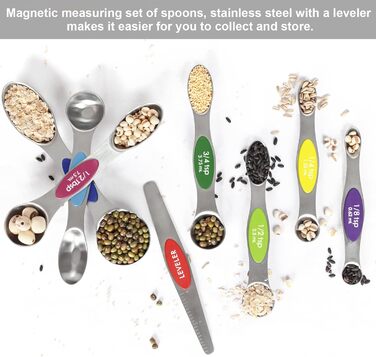 Multicolor magnetic measuring spoon set with leveler, stainless steel, stackable, fits spice jars – for baking and kitchen use