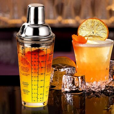 Stainless Steel Cocktail Mix Set - 14 Piece Bartender Kit with Bamboo Stand & Cocktail Shaker - Professional Mixology Set - Black (400ml D-Glass)