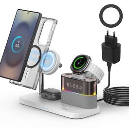 Бездротова зарядка 3-в-1 для Samsung Galaxy S25/S24/S23/S22 з магнітним кільцем, швидка зарядка з годинником та нічником, біла