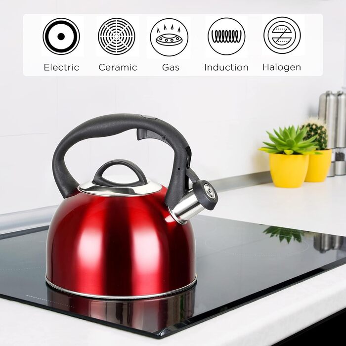 Чайник-свисток 2,5 л з нержавіючої сталі для Induktion, Gas, з свистком, чайник, кип'ятильник, кип'ятильник (червоний)