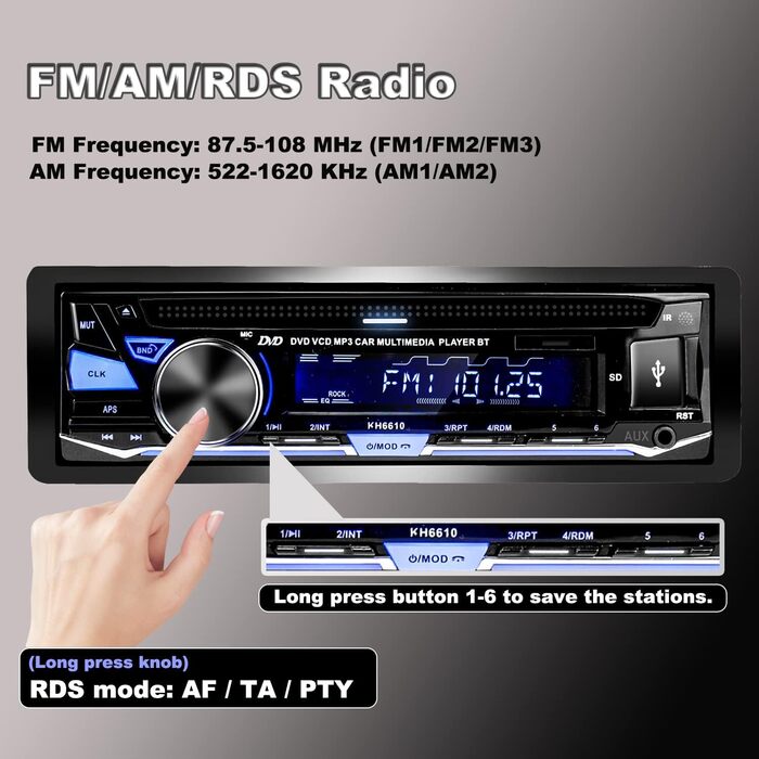 Hengweili автомагнітола 1DIN з CD/DVD, Bluetooth, FM/AM, App-керуванням, USB, SD, AUX, MP3