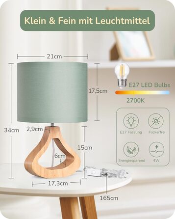 Дерев'яна настільна лампа EDISHINE з абажуром з льону, Е27, для вітальні, спальні, в стилі кантрі [Енергоклас F], колір: зелений льон