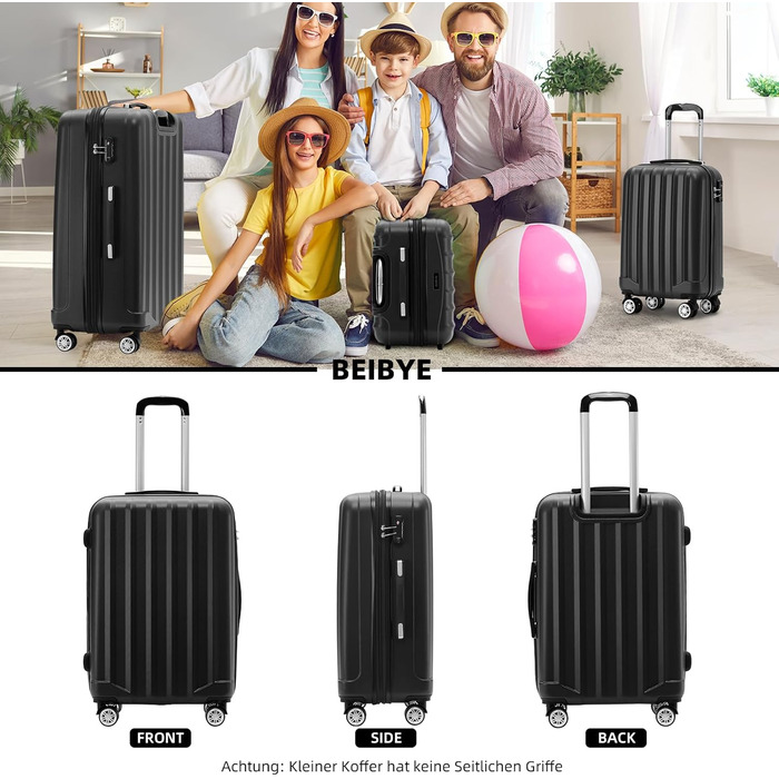 BEIBYE TSA Lock 2080 Twin Rollers 3-Piece Travel Suitcase Set Luggage Set Trolley Trolleys Hard Shell (Black)