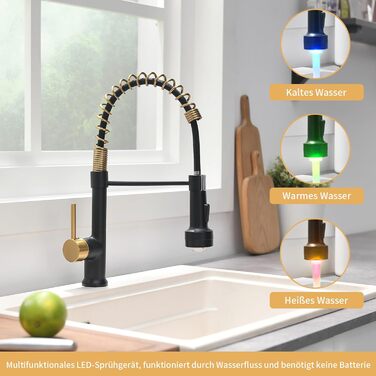 Кухонний змішувач AIMADI висувний, високого тиску, з 2 режимами (струмінь та розпилення), поворотний на 360°, однорегуляторний для кухонної мийки (з LED-підсвіткою, золотий)