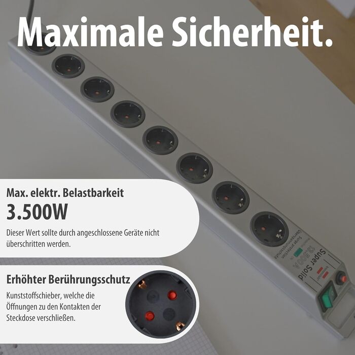 Бренненштуль Super-Solid, мережевий фільтр 8 розеток з захистом від перенапруги (многорозетка з 2,5м кабелем та вимикачем - з ударостійкого полікарбонату) срібний