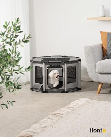 Вольєр для цуценят Lionto з оксфордської тканини, сірий, 112x112x62 см. Атмосферостійкий, з сіткою, блискавкою та кишенею. Підходить для собак та котів.