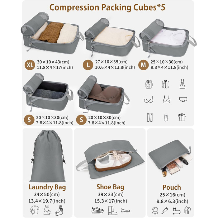 Органайзери для валізи Anjing Compression Cubes (10 шт.), сірі - компресійні куби для подорожей, набір для організації речей