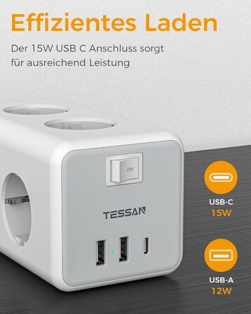 Мережевий фільтр TESSAN 6-fach з USB-C, 9 в 1 з вимикачем, 2 метри кабелю для дому та офісу