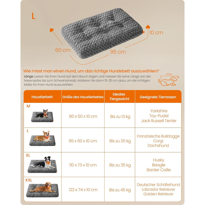 Ліжко для собак Feandrea XL, м'яка підстилка для великих собак, 110 x 73 см, сірий колір, PGW293GN01