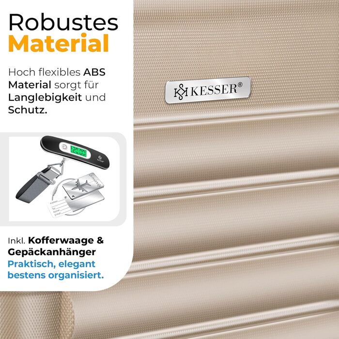 Чемодан KESSER® середній, жорсткий корпус, вага + бірка для багажу | Валіза-роликовий чемодан з кодовим замком, 4 колеса, ABS, телескопічна ручка (66x45x28см / 84 літри, шампань) 66см - 84Л шампань